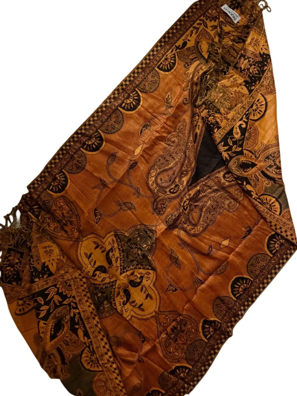 New pashmina silk reversible Handwoven Patterned Shawl Scarf - Orange & Olive
